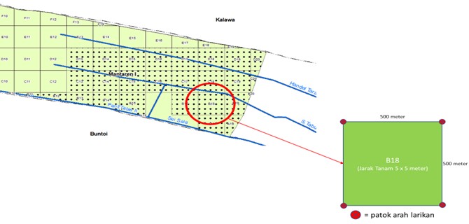 Contoh Peta Grid Lokasi Penanaman di Hutan Desa Mantaren 1 PTEHG. Sumber: KPSHK